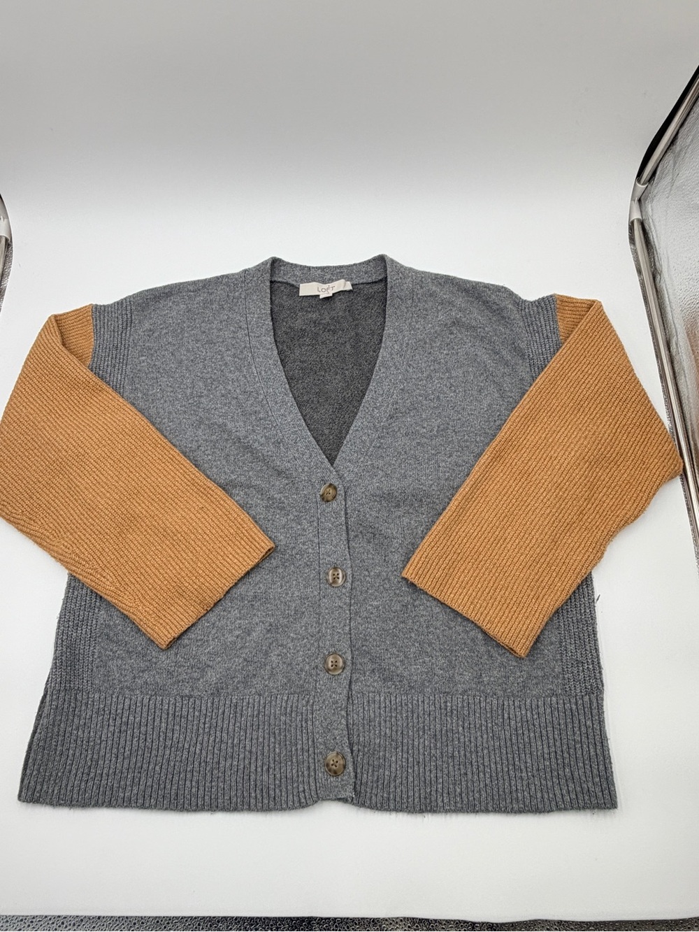 LOFT Colorblock Cardigan Sweater Gray Camel Button Front Size Large